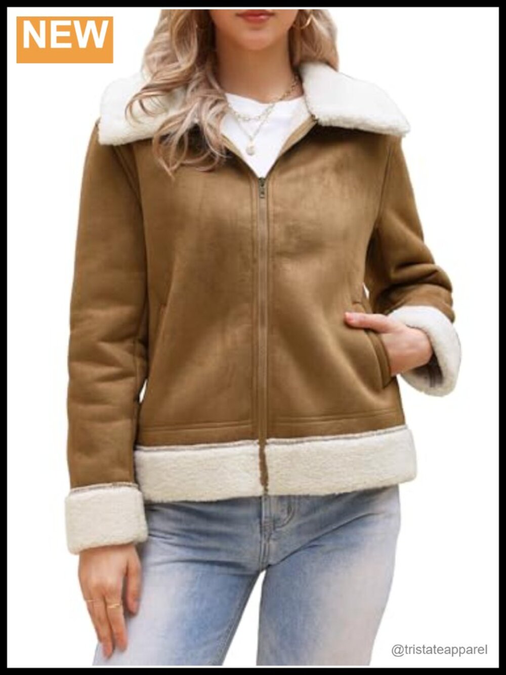 Faux Suede Moto Jacket with Faux Fur Lining for Women